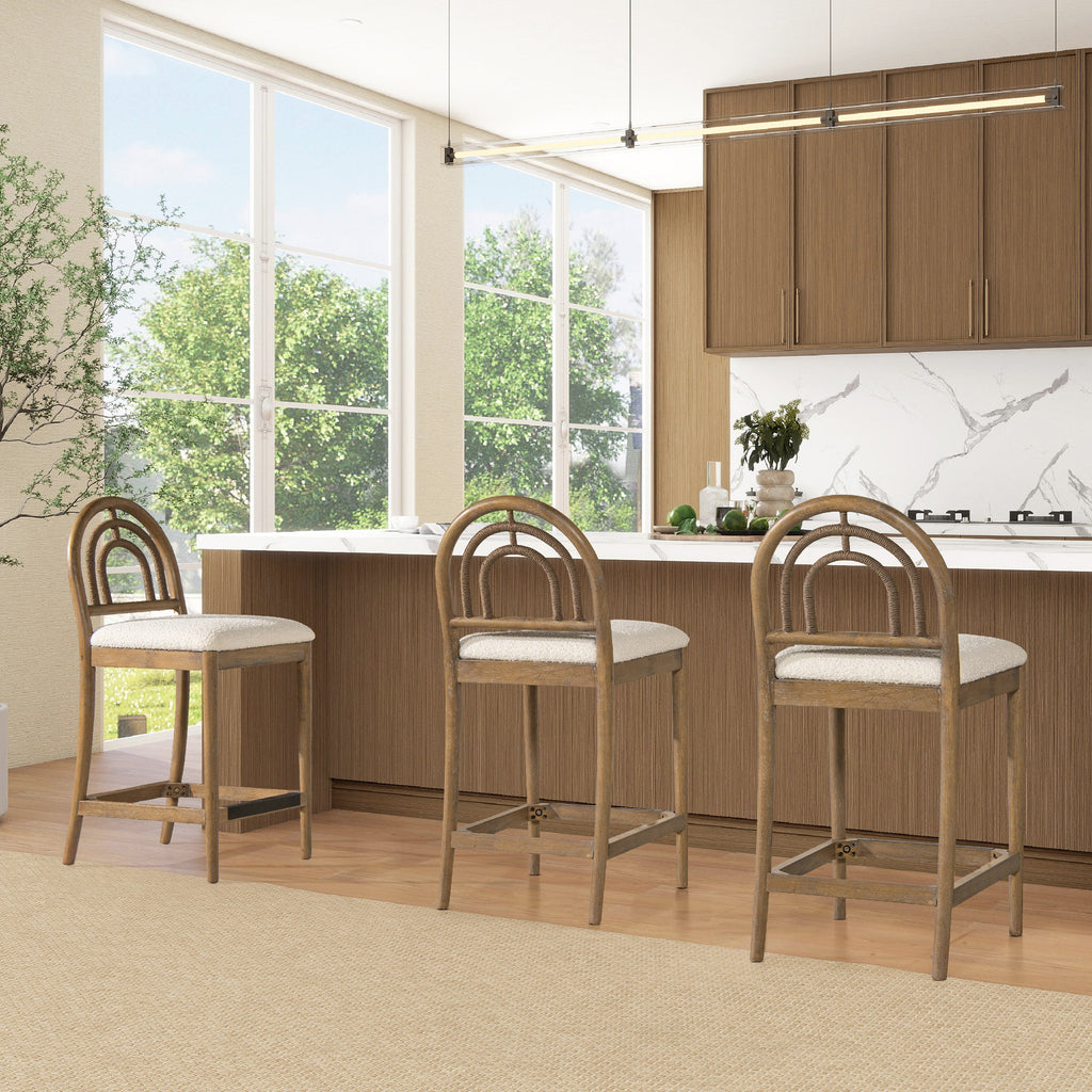 Tabouret de bar Leon 27' à dossier arqué, en bois et tissu, lot de 2 