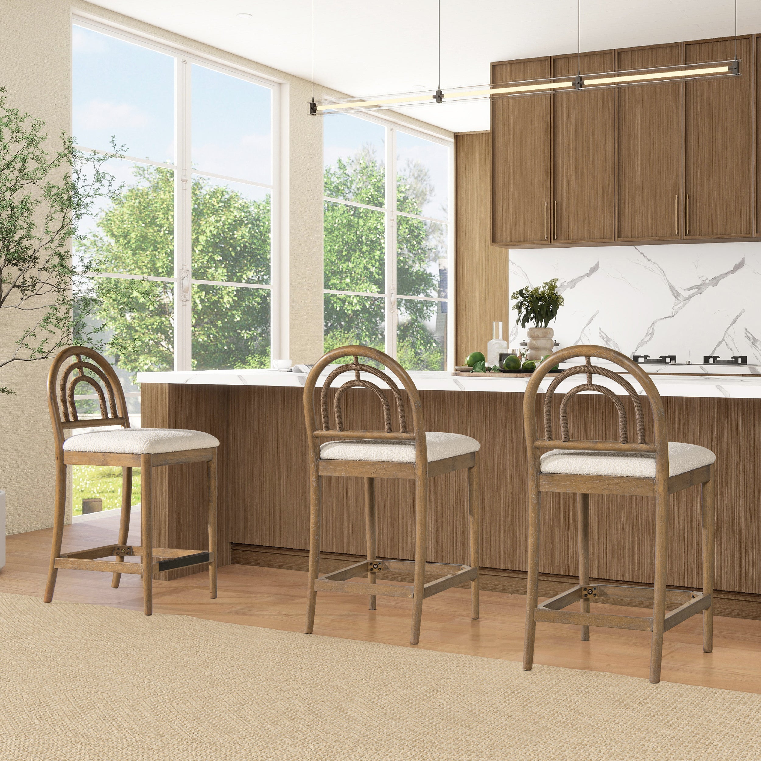 Tabouret de bar Leon 27' à dossier arqué, en bois et tissu, lot de 2 