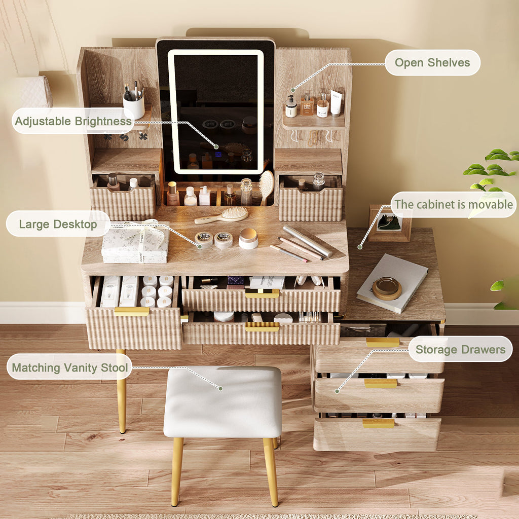 Coiffeuse moderne cannelée avec miroir LED et tabouret