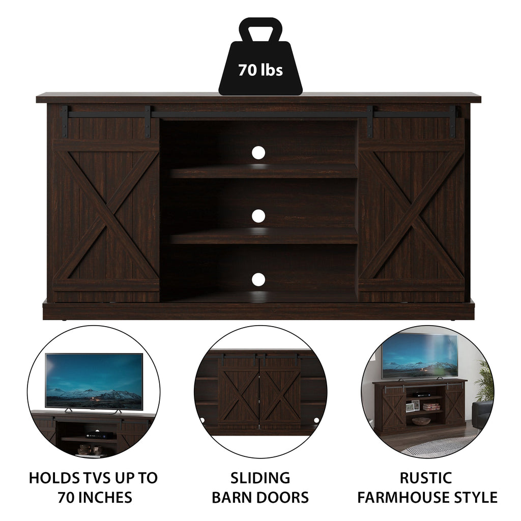 Meuble TV style ferme moderne avec portes coulissantes de style grange pour téléviseurs jusqu'à 70 pouces