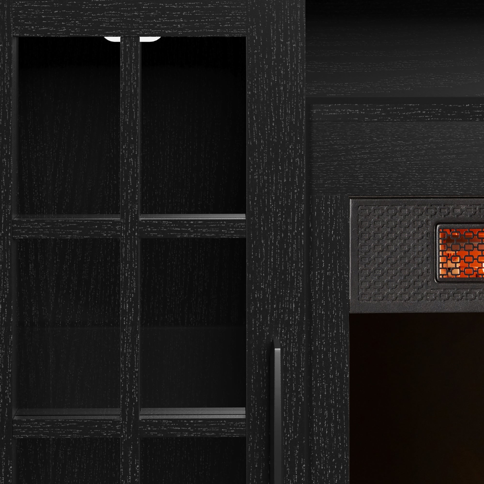 Duraflame ? Porte vitrée à carreaux, cheminée électrique, meuble TV, console multimédia