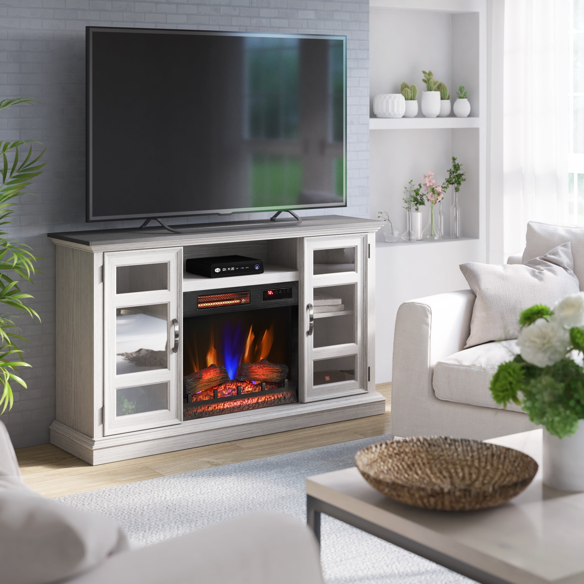 Duraflame ? Meuble TV avec cheminée électrique bicolore en chêne et flammes 3D