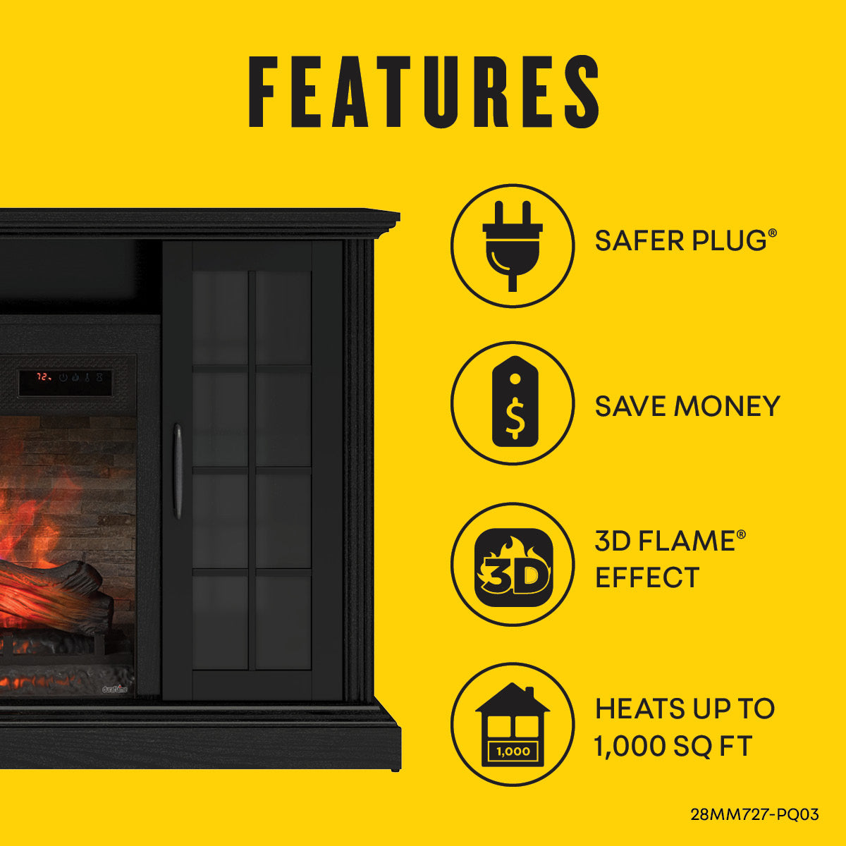 Duraflame ? Porte vitrée à carreaux, cheminée électrique, meuble TV, console multimédia