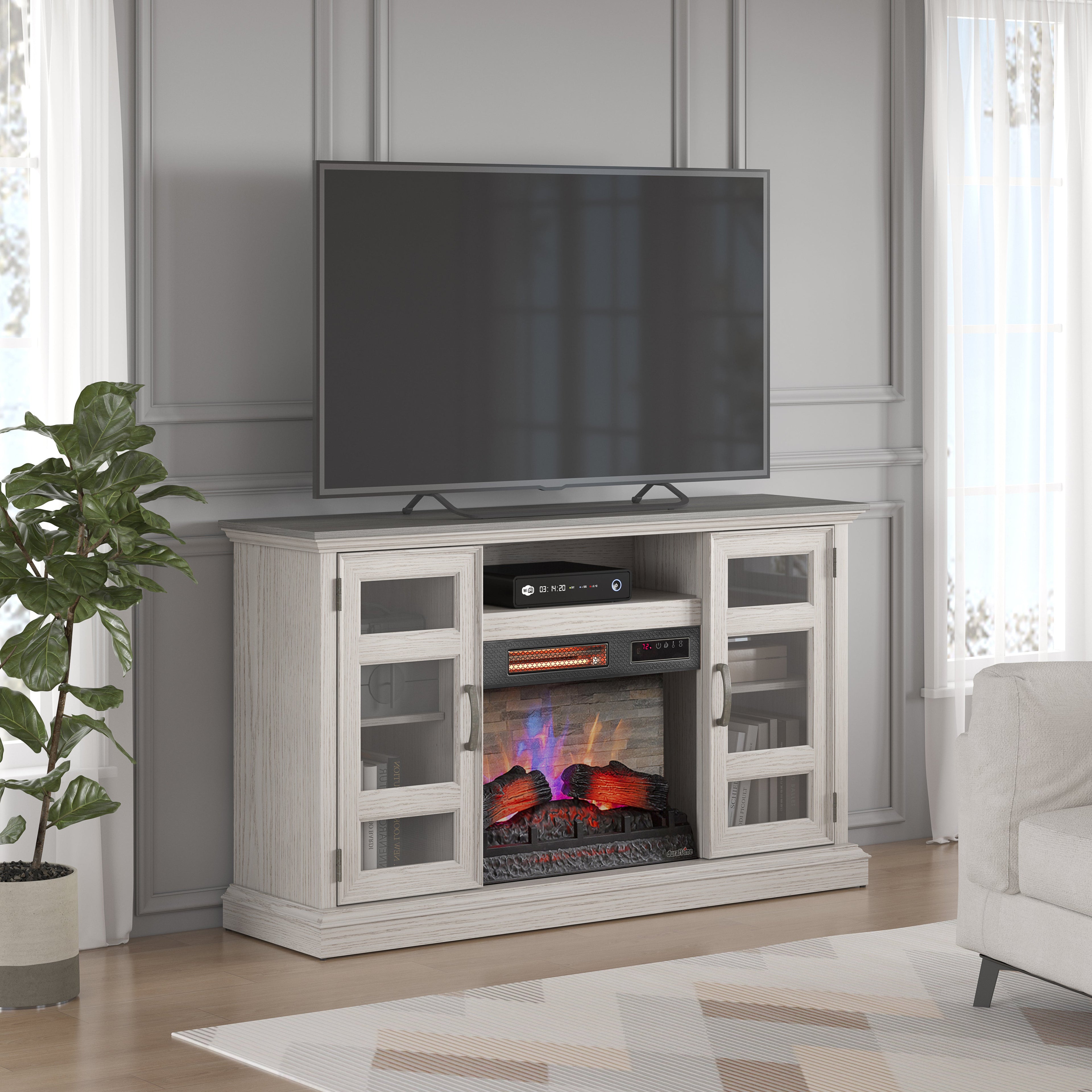 Duraflame ? Meuble TV avec cheminée électrique bicolore en chêne et flammes 3D